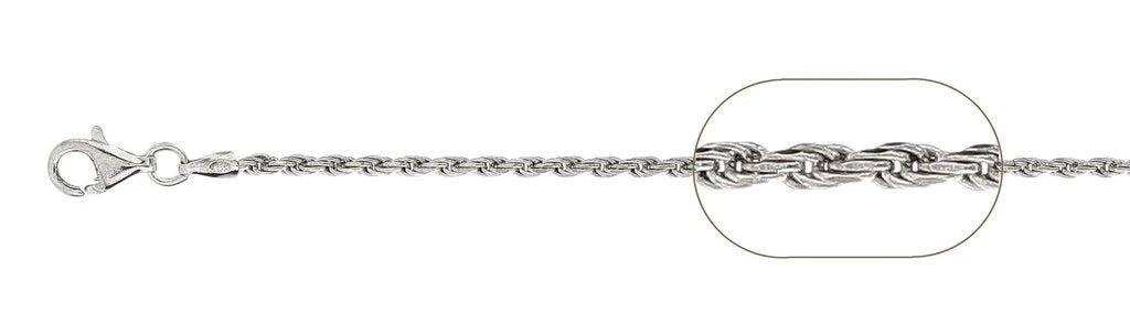 040 Rhodium Sterling Silver Rope Chain, 18 inches - 24 inches