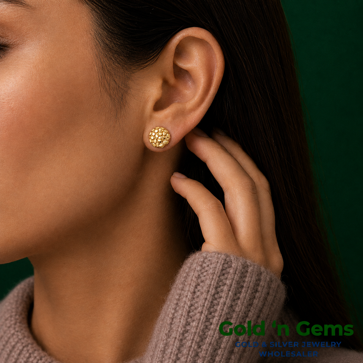 10kt Gold Round Shaped Nugget Earrings - Large