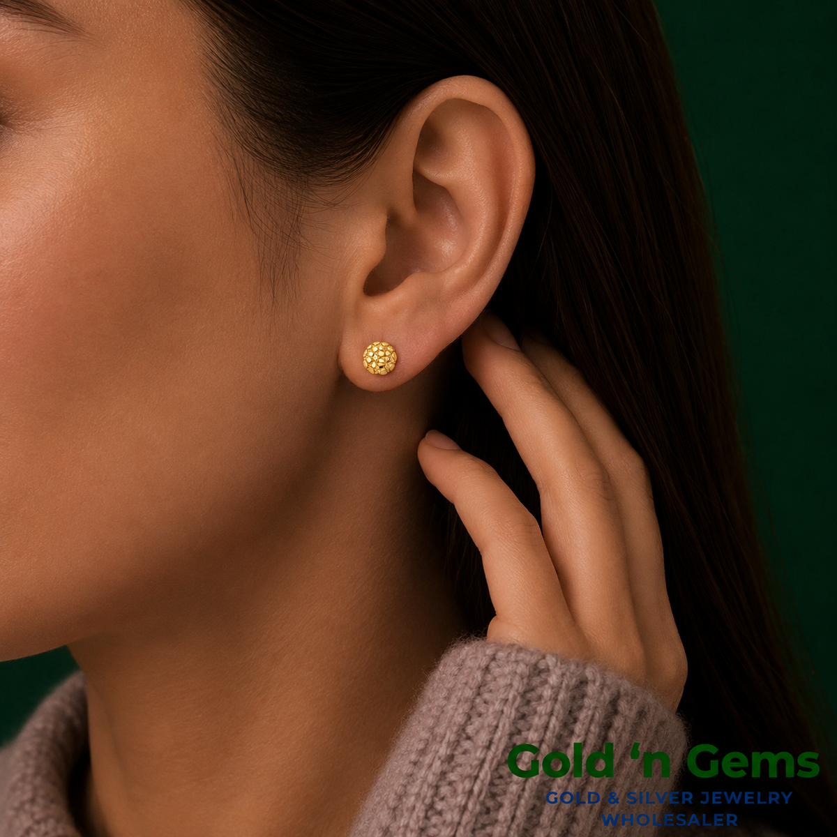 10kt Gold Round Shaped Nugget Earrings - Small