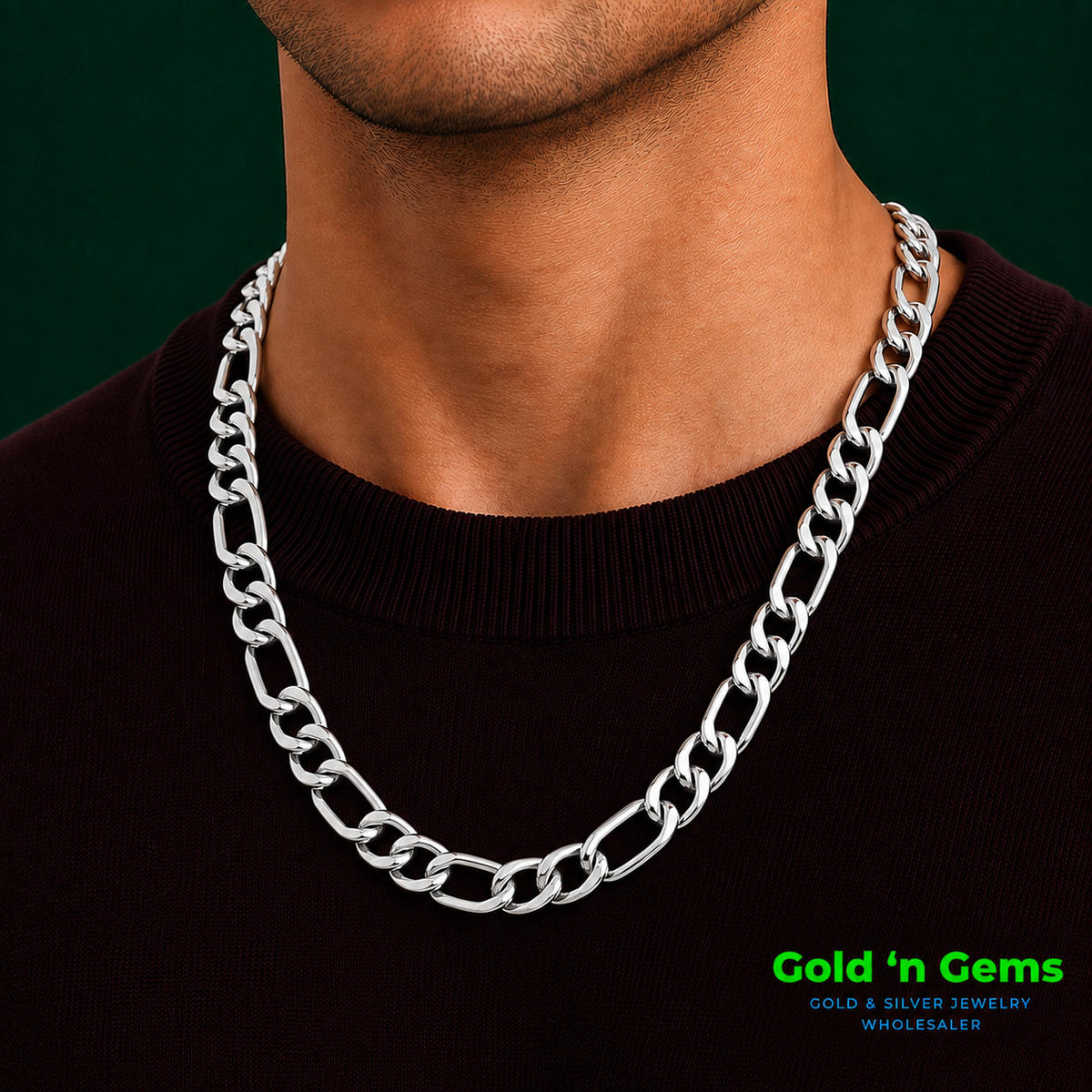 925 Sterling Silver Figaro Chain Necklace - 13mm (350)