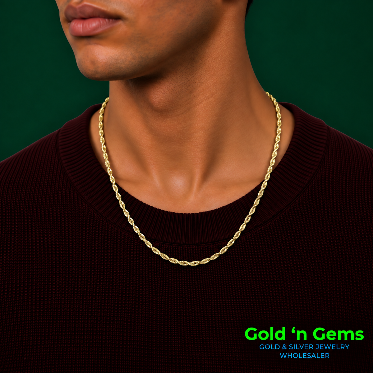 Gold-Plated Sterling Silver Rope Chain Necklace - 1.7mm