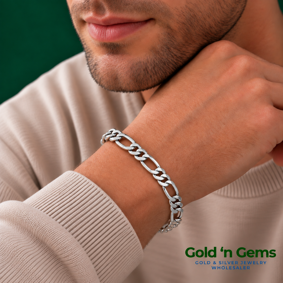 925 Sterling Silver Figaro Chain Bracelet - 6.6mm