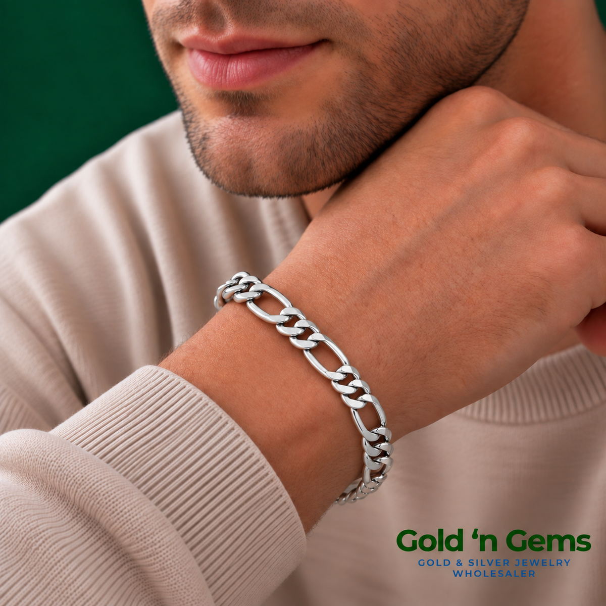 925 Sterling Silver Figaro Chain Bracelet - 7.8mm