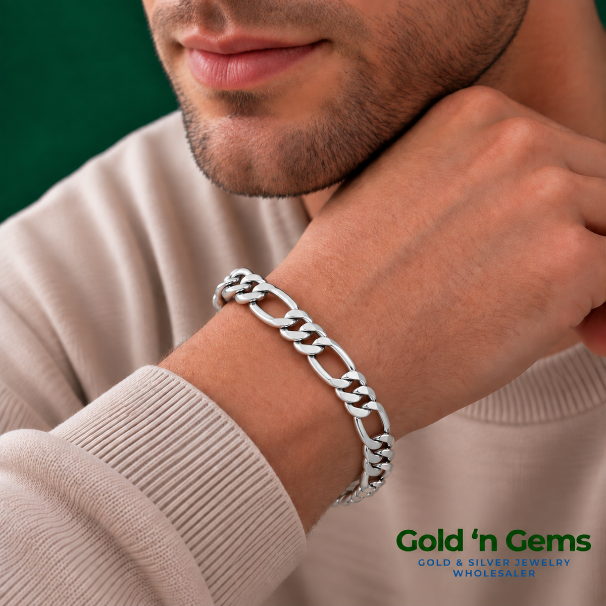 925 Sterling Silver Figaro Chain Bracelet - 8.4mm