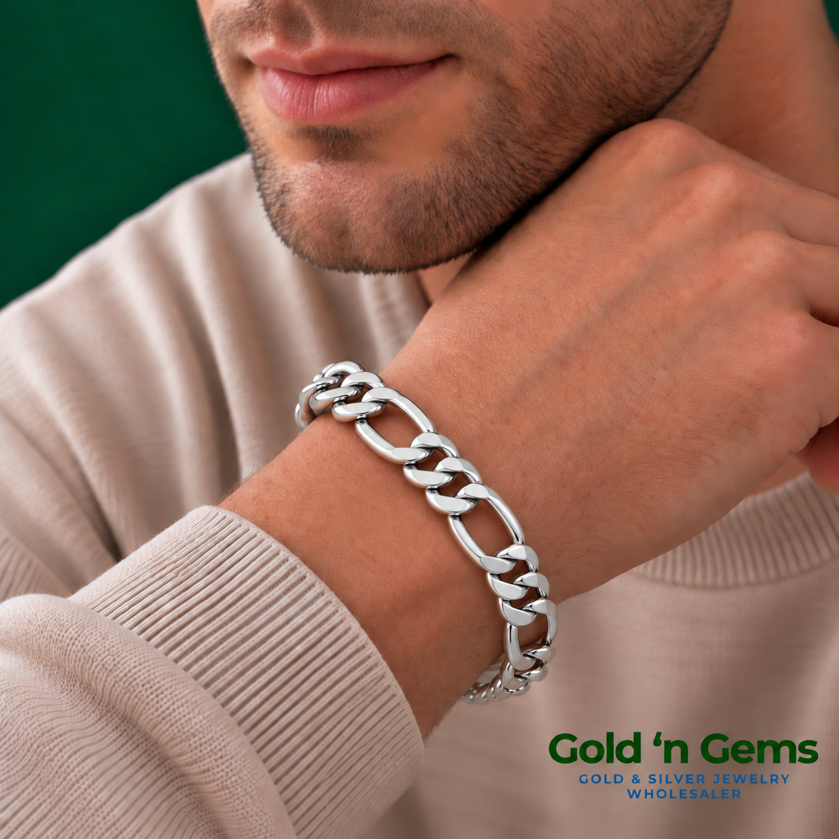 925 Sterling Silver Figaro Chain Bracelet - 13mm